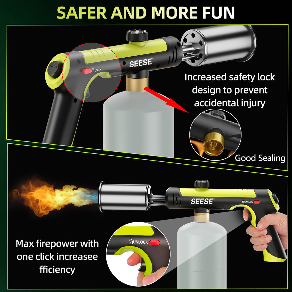 SEESE Powerful Propane Torch,Kitchen Cooking Torch With One-Touch Max Fire, Charcoal Lighter with a Safety Lock, Adjustable Blow Torch for Sous Vide, BBQ, Campfire, Fireplace(Tank Not Included)