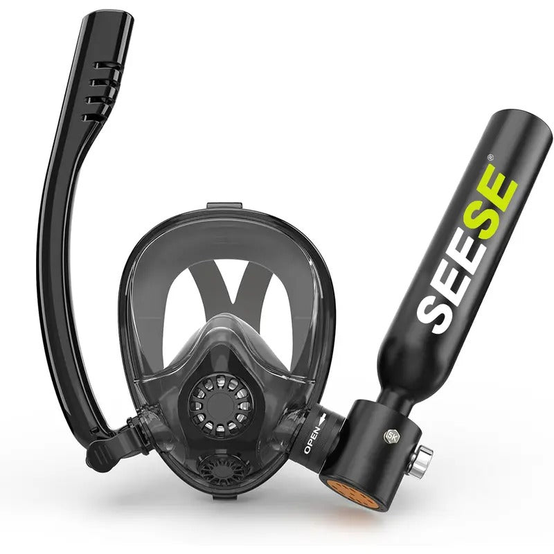 SEESE Mini Scuba Tank with Snorkel Mask 0.5L Portable Small Diving Tank with Full Face Diving Mask Reusable DOT Certified Pony Bottle Diving Cylinder Kit(No inflatable device)