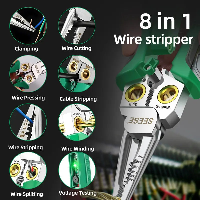 SEESE 8-in-1 Wire Stripper for Electrician: Needle Nose Pliers with Voltage Tester & Dual Alarms - Electrical Pliers for Cutting Wires, Pulling Wires and Crimp Wires