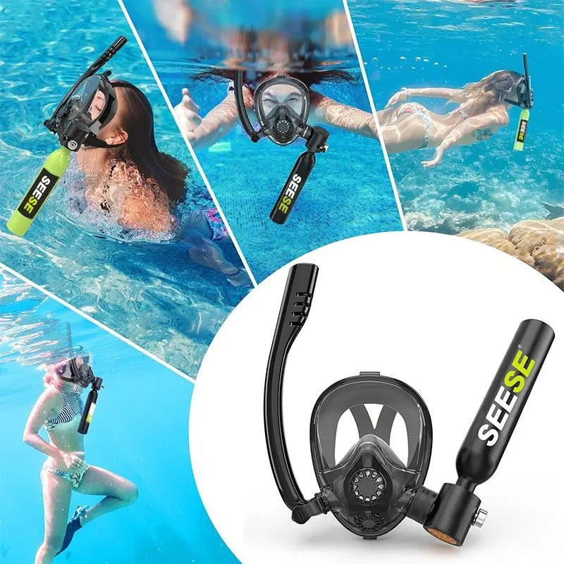 SEESE Mini Scuba Tank with Snorkel Mask 0.5L Portable Small Diving Tank with Full Face Diving Mask Reusable DOT Certified Pony Bottle Diving Cylinder Kit(No inflatable device)