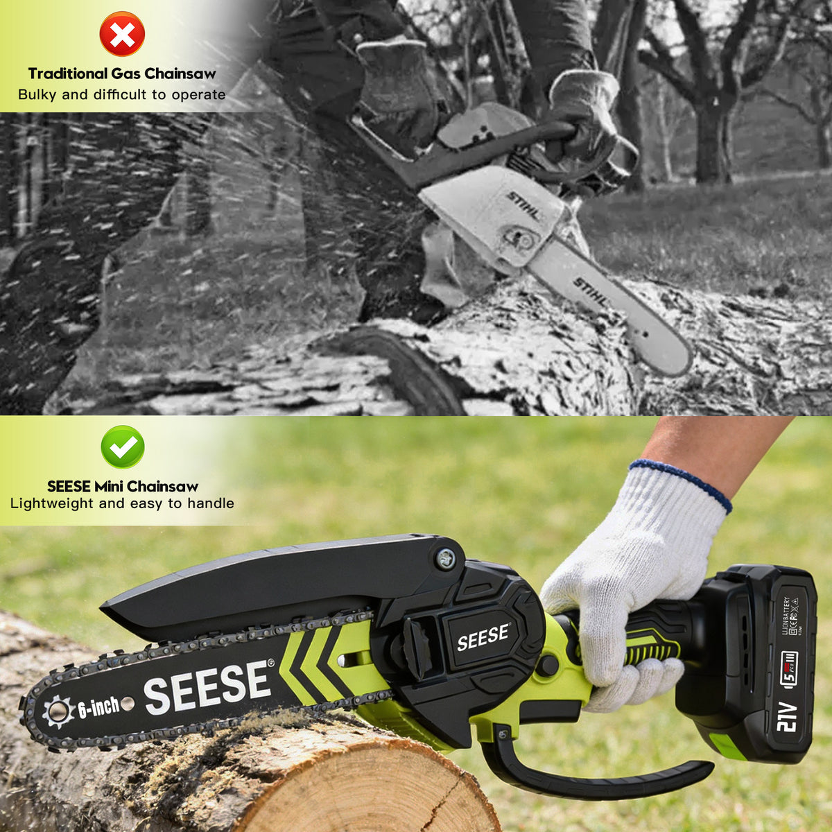 SEESE Brushless Mini ChainSaw - Portable Electric Cordless Saw for Wood Cutting, Batteries (2000mAh) ,Pruning, Gardening, Camping - Suitable for Seniors, Women Gift for Thanksgiving,Christmas,New Year