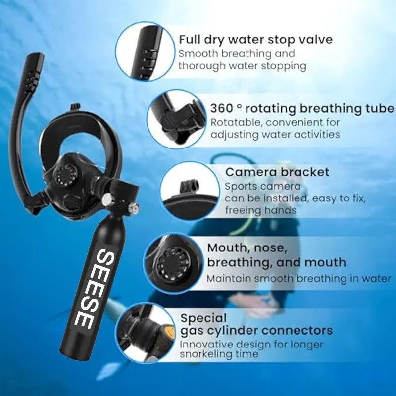 SEESE Mini Scuba Tank with Snorkel Mask 0.5L Portable Small Diving Tank with Full Face Diving Mask Reusable DOT Certified Pony Bottle Diving Cylinder Kit(No inflatable device)