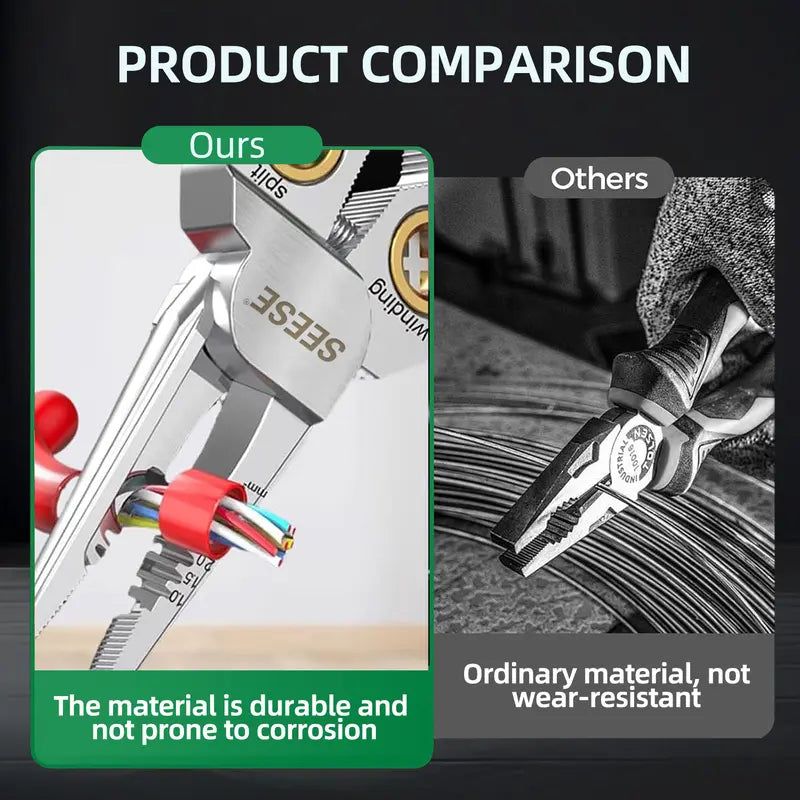 SEESE 8-in-1 Wire Stripper for Electrician: Needle Nose Pliers with Voltage Tester & Dual Alarms - Electrical Pliers for Cutting Wires, Pulling Wires and Crimp Wires